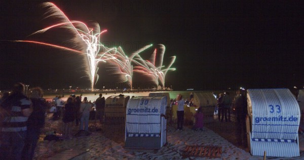 Baltic Sea in flames at Grömitz pier, fireworks, highlight of the season, end of the season, beach,