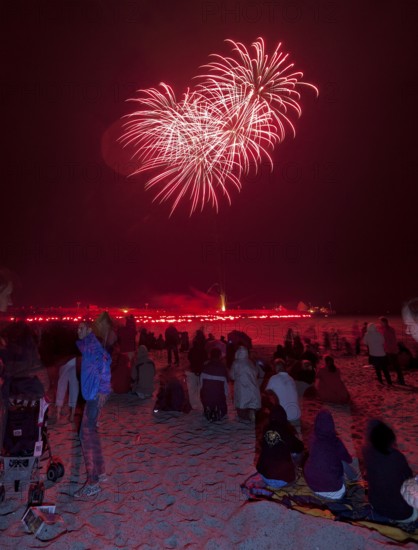 Baltic Sea in flames at Grömitz pier, fireworks, highlight of the season, end of the season, beach,