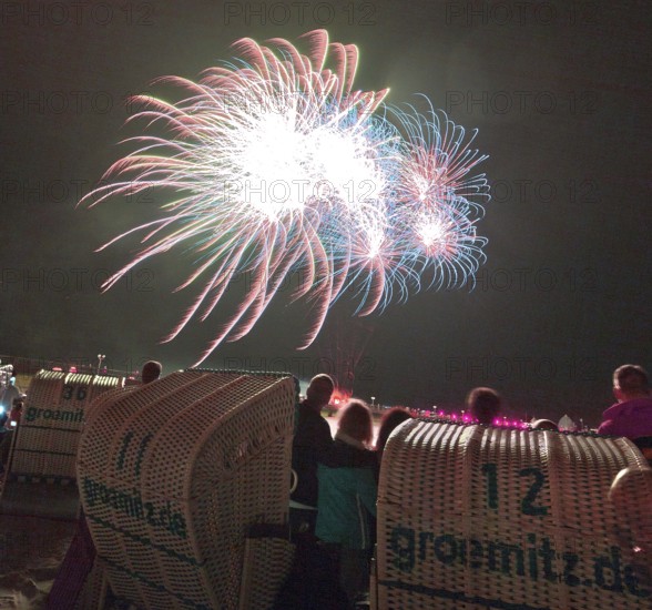 Baltic Sea in flames at Grömitz pier, fireworks, highlight of the season, end of the season, beach,