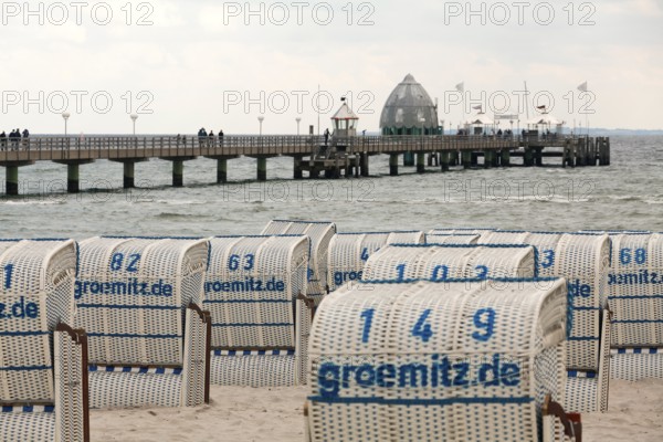 Jetty with beach chairs, Grömitz, Baltic Sea, Schleswig-Holstein, Germany, Europe, aerial view,