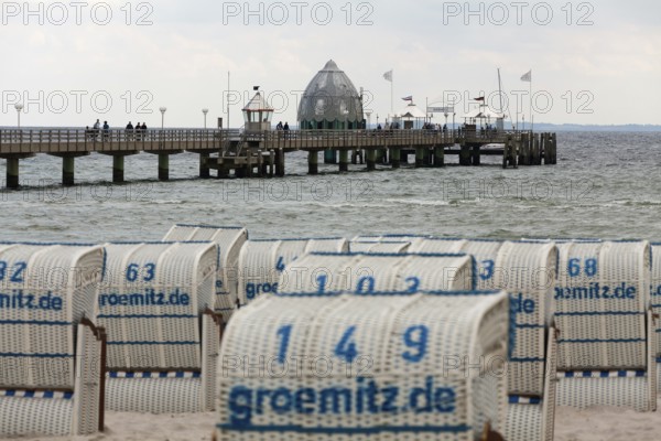 Jetty with beach chairs, Grömitz, Baltic Sea, Schleswig-Holstein, Germany, Europe, aerial view,