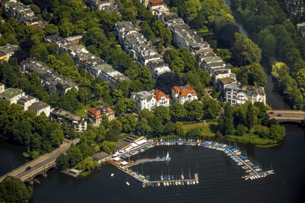 Outer Alster with villa district and marina distant view, Alster jetty Bobby Reich, Hamburg, Free
