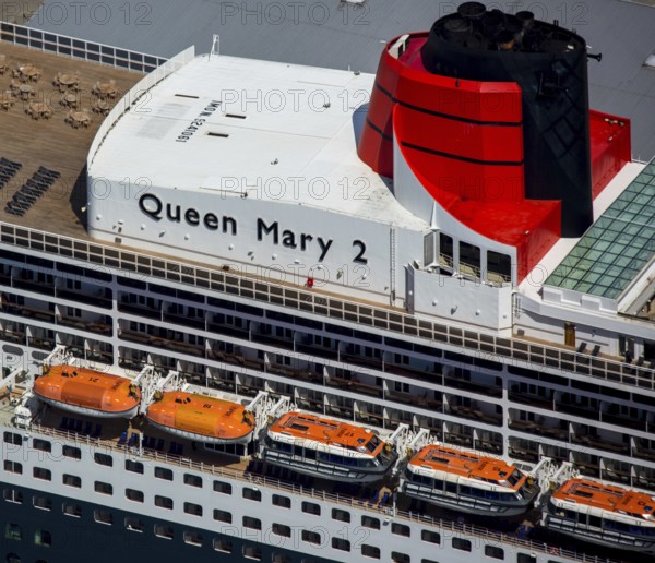 Superstructure with smokestack and lifeboats, cruise terminal, Unilever House cruise ship Queen