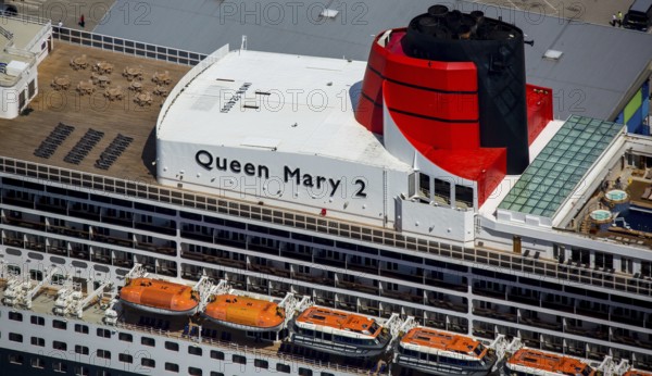 Superstructure with smokestack and lifeboats, cruise terminal, Unilever House cruise ship Queen