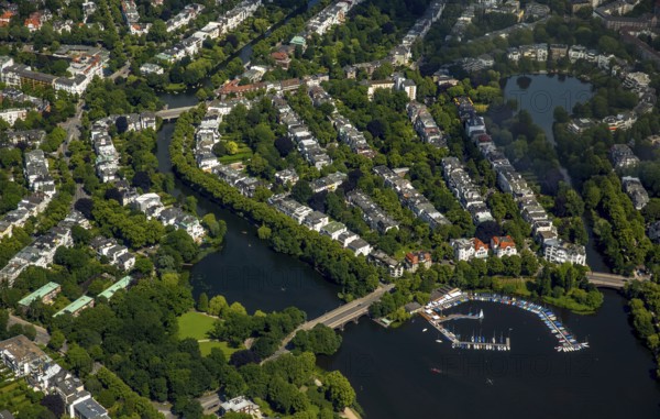 Outer Alster with villa quarter and marina distant view, Alster jetty Bobby Reich, Hamburg, Free
