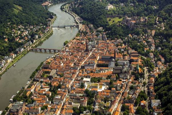 Heiliggeistkirche in Heidelberg Old Town with Old Bridge and Tor tor of the Old Bridge, Neckar,