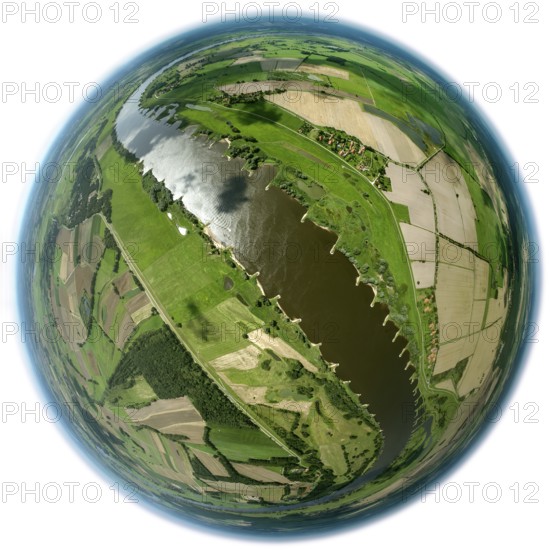 Elbe valley, fields, groynes, river course, fisheye lens, round picture, Hitzacker (Elbe), district