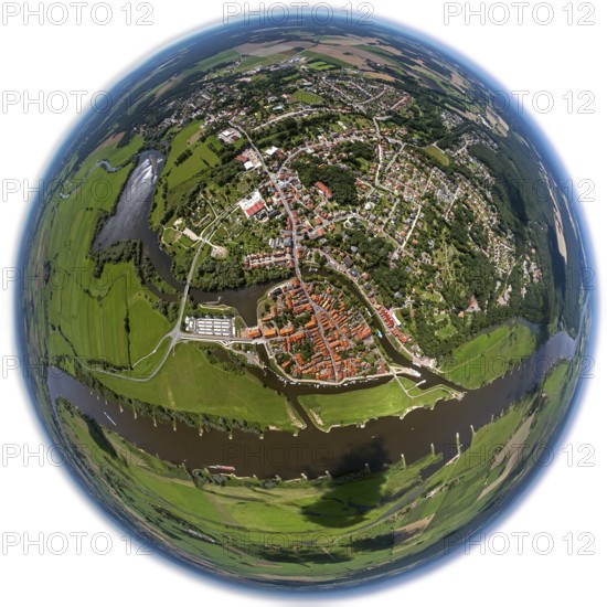 Old town, Elbe, Jeetzel, fisheye lens, round picture, Hitzacker (Elbe), district Lüchow-Dannenberg,