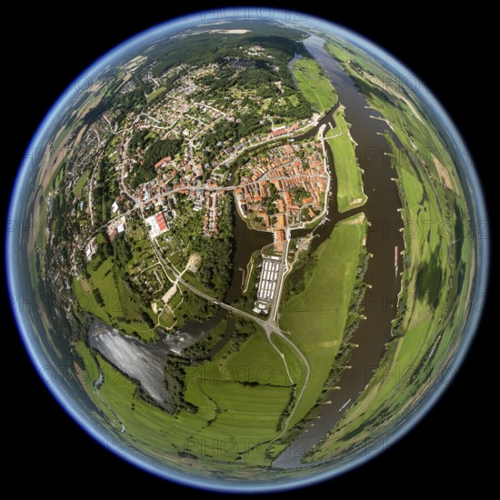 Old town, Elbe, Jeetzel, fisheye lens, round picture, Hitzacker (Elbe), district Lüchow-Dannenberg,
