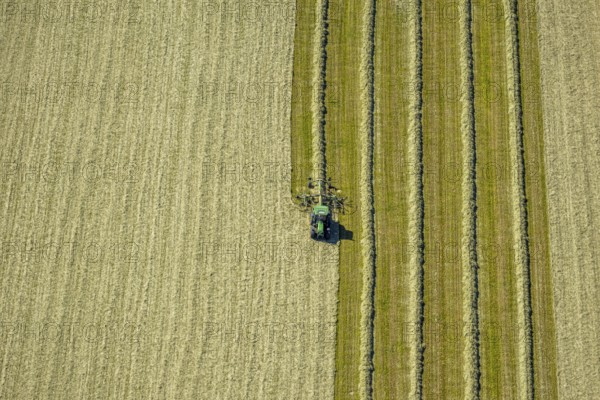 Aerial view, agricultural area, tractor mowing meadow, Gennebreck, Sprockhövel, Ruhr area, North
