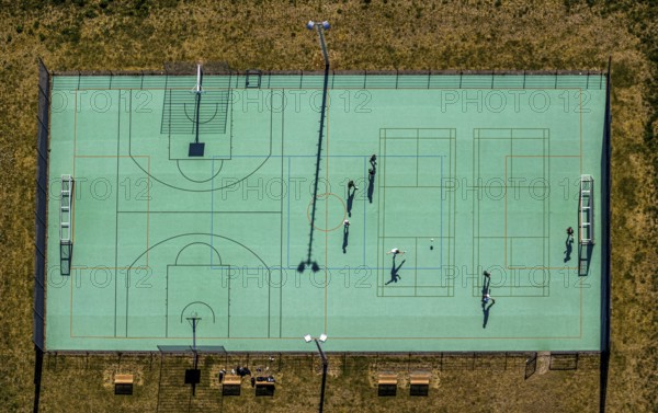 Aerial view, football pitch at IG Metall training centre, Sprockhövel, Ruhr area, North