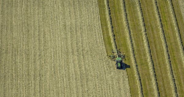 Aerial view, agricultural area, tractor mowing meadow, Gennebreck, Sprockhövel, Ruhr area, North