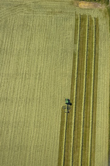 Aerial view, agricultural area, tractor mowing meadow, Gennebreck, Sprockhövel, Ruhr area, North