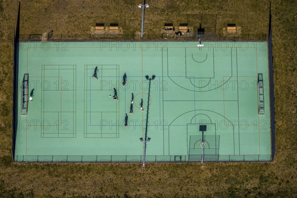 Aerial view, football pitch at IG Metall training centre, Sprockhövel, Ruhr area, North