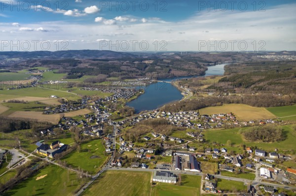 Aerial view, overview Amecke, Sorpesee, Amecke, Sundern, Sauerland, North Rhine-Westphalia,