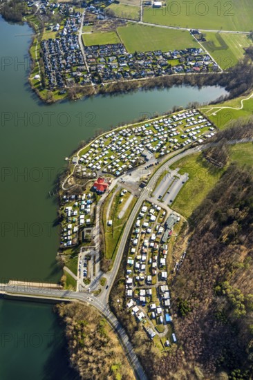Aerial view, campsite at the dam, Sorpesee dam, Amecke, Sundern, Sauerland, North Rhine-Westphalia,