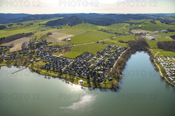 Aerial view, settlement An der Hespe, shore reservoir Sorpesee, Amecke, Sundern, Sauerland, North