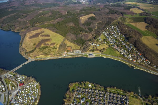 Aerial view, Camping site Am Damm, Sorpesee dam, Amecke, Sundern, Sauerland, North