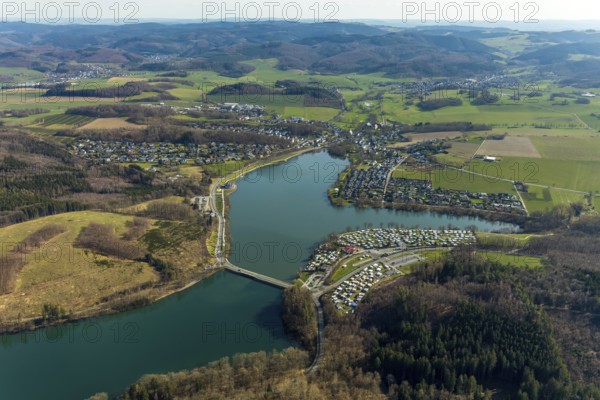 Aerial view, overview Amecke, view over the Sorpe dam Sorpesee, Amecke, Sundern, Sauerland, North