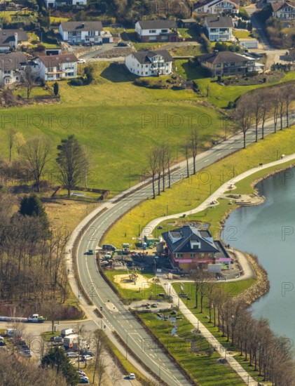 Aerial view, new building Airstop Strandcafé gastronomy café/restaurant/bistro/bar operation,