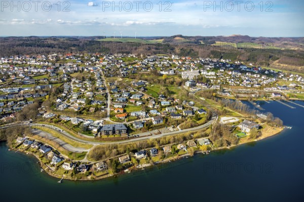 Aerial view, overview Langscheid, Sorpesee, Sorpe shore, Langscheid, Sundern, Sauerland, North