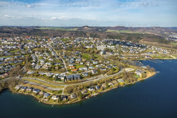 Aerial view, overview Langscheid, Sorpesee, Sorpe shore, Langscheid, Sundern, Sauerland, North