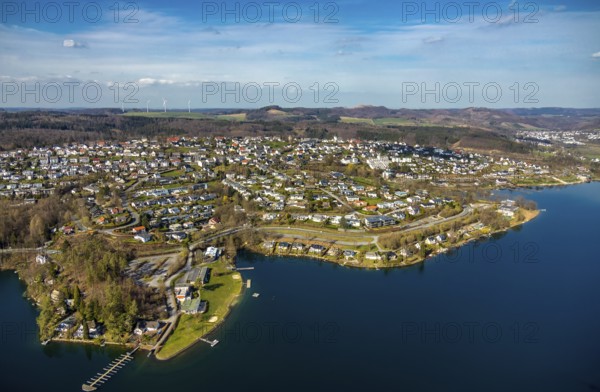 Aerial view, overview Langscheid, Sorpesee, Sorpe shore, Langscheid, Sundern, Sauerland, North