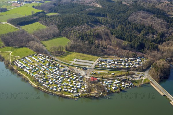 Aerial view, campsite at the dam, Sorpesee dam, Amecke, Sundern, Sauerland, North Rhine-Westphalia,