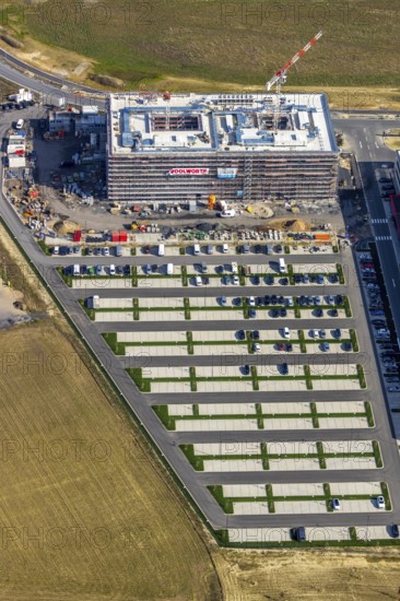 Aerial view, new construction Woolworth headquarters and logistics centre, commercial area Unna