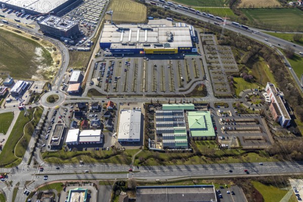 Aerial view, Ikea furniture store, Dehner garden centre, Mercure Hotel Kamen Unna, Unna-Königsborn,
