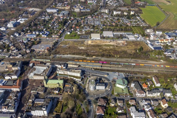 Aerial view, Unna railway station, Viktoriastrasse construction area for office building, St.
