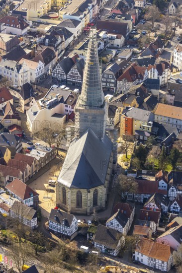 Aerial view, redevelopment protestant town church, church square, Unna, Ruhr area, North