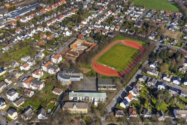 Aerial view, Peter-Weiss-Gesamtschule, old building, Herderstadion, Unna, Ruhr area, North