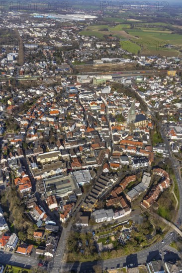 Aerial view, city view, old town, redevelopment evang. town church, church square, Unna, Ruhr area,