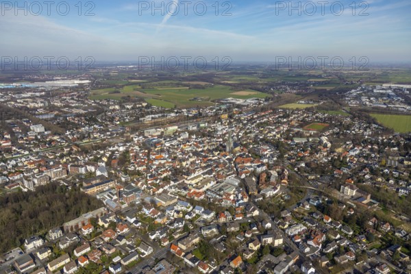 Aerial view, city view, old town, redevelopment evang. town church, church square, Unna, Ruhr area,
