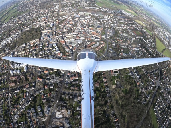 Aerial view, flight over Unna with a motor glider, city centre Unna, touring motor glider Hoffmann