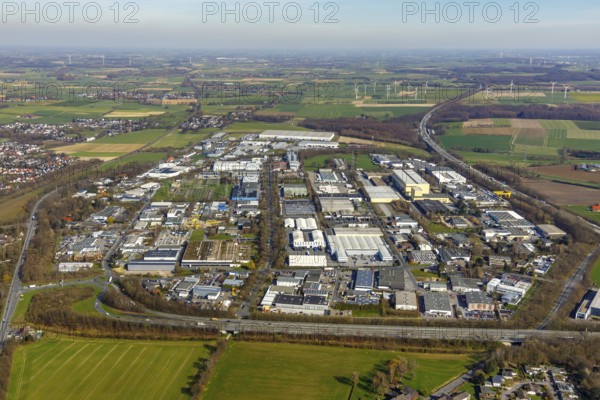 Aerial view, industrial park Unna, wind turbines, Unna, Ruhr area, North Rhine-Westphalia, Germany,