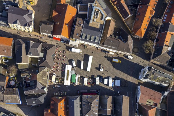 Aerial view, church square, market square market stalls, Unna, Ruhr area, North Rhine-Westphalia,