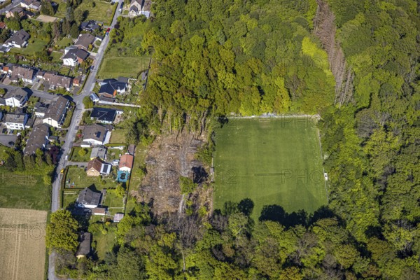 Aerial view, sports field SV Blau-Rot Billmerich e.V., forest deforestation, Unna, Ruhr area, North