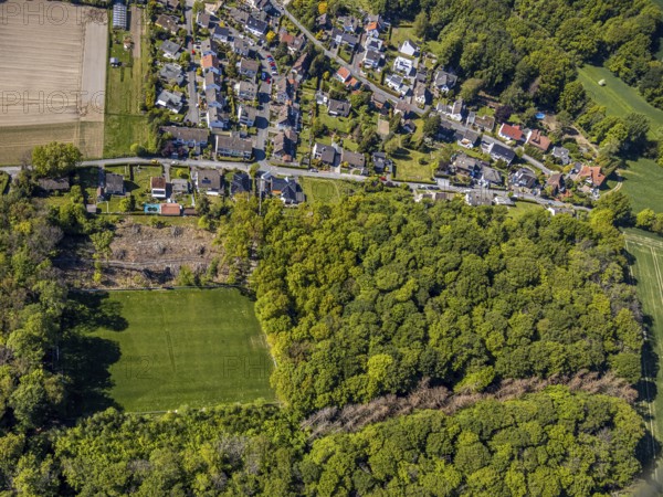 Aerial view, sports field SV Blau-Rot Billmerich e.V., forest deforestation, Unna, Ruhr area, North