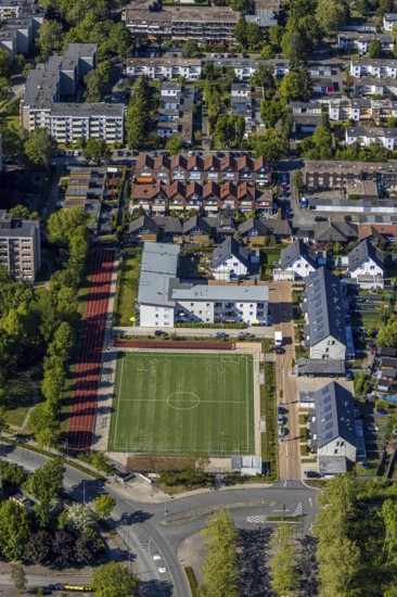 Aerial view, sports field Enkircher Weg, terraced houses, Unna, Ruhr area, North Rhine-Westphalia,