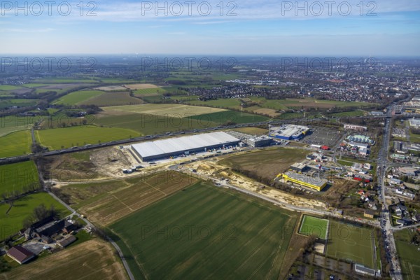 Aerial view, new Woolworth headquarters and logistics centre, commercial area Unna Kamen, Ikea,