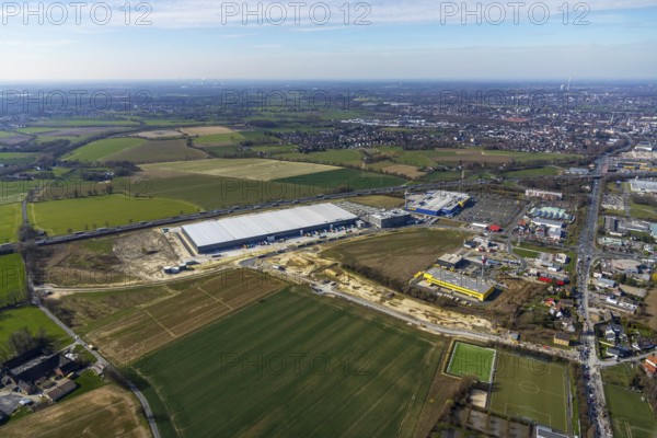 Aerial view, new Woolworth headquarters and logistics centre, commercial area Unna Kamen, Ikea,