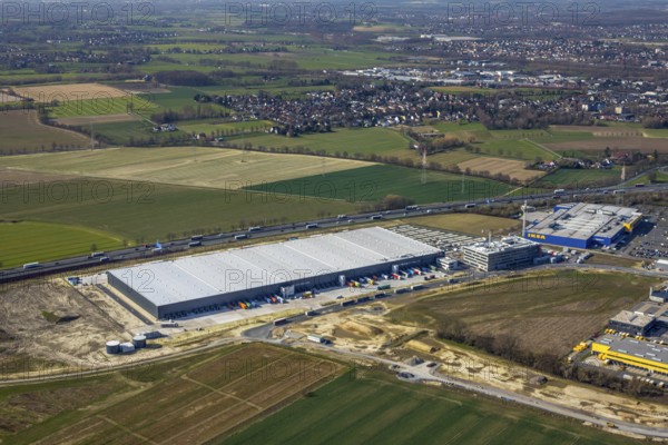 Aerial view, new Woolworth headquarters and logistics centre, commercial area Unna Kamen, Ikea,