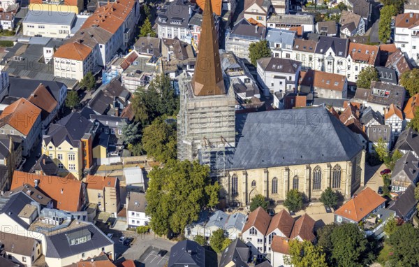 Aerial view, renovation construction site protestant town church, old town, Unna, Ruhr area, North