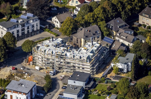 Aerial view, new construction, construction site, residential building Hertingerstraße, Hertinger