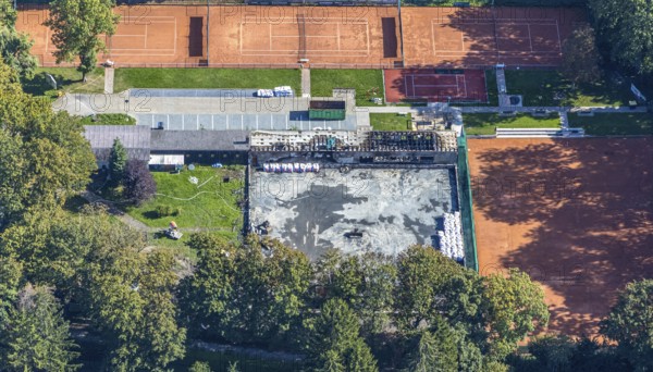 Aerial view, construction site tennis courts Tennisclub Unna 02 Grün- Weiß, fire damage, Unna, Ruhr