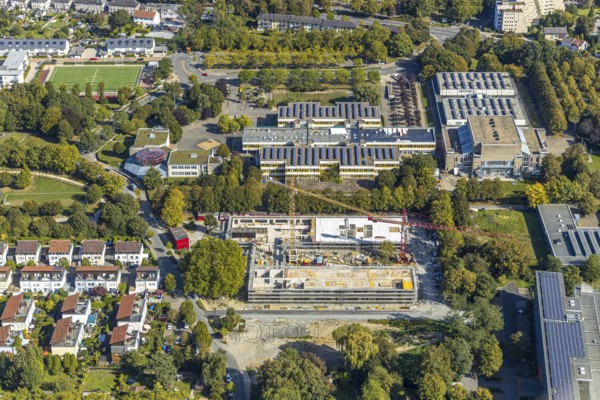 Aerial photograph, new construction, educational campus Unna, construction site Berliner Allee,
