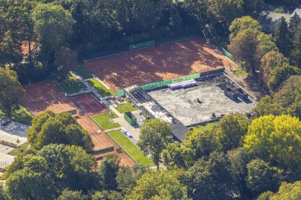 Aerial view, construction site tennis courts Tennisclub Unna 02 Grün- Weiß, fire damage, Unna, Ruhr