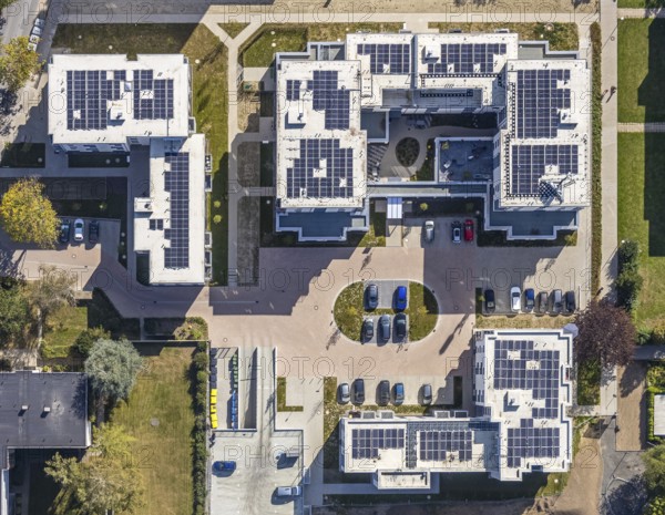 Aerial view, Parkquartier Königsborn, solar panels, photovoltaics, new construction Potsdamer